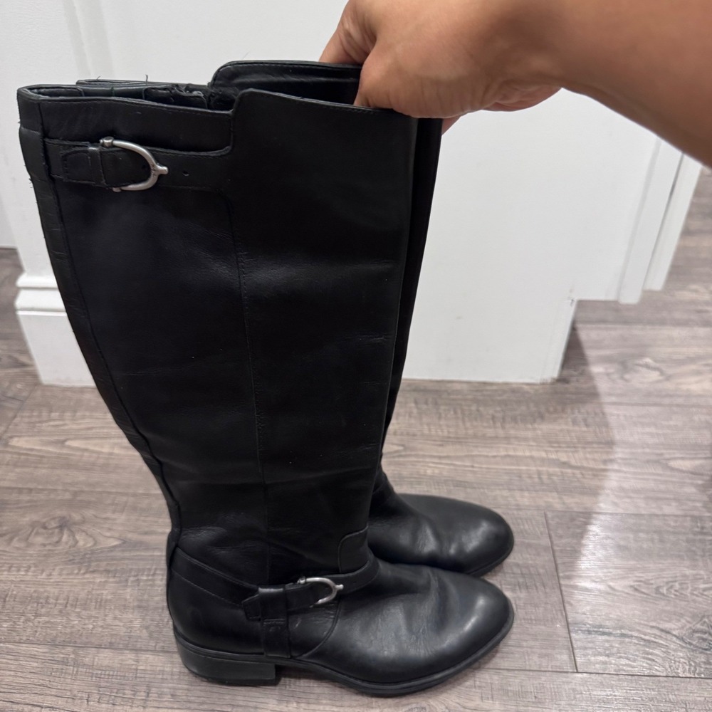 LaurenRalph Lauren Black Leather Tall Riding Boots Buckle Detail Size 7.5B